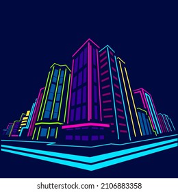 Black night town neon line art logo. Colorful design with dark background. Abstract vector illustration. Isolated black background for t-shirt, poster, clothing, merch, apparel, badge design