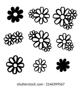 Black Nine Daisy Flowers Line and Silhouette elements. Vector illustration about nature.