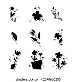Black Nine Flowers and Leaves on white silhouette and gray shadow. Vector illustration about nature.