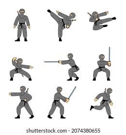 Ilustración de plantilla de Black Ninja Game Sprites. Caricatura divertida Warriors Set. Caracteres vectores Ninja o Samurai. Guerrero Ninja Samurai en máscara con ilustración de espadas de arma.