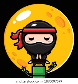 black ninja on a bamboo tree with a full moon