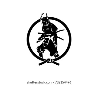 Black Ninja Ronin like Samurai with Sword, Armor, and Iron Helmet - Circle Black Belt Illustration Symbol Silhouette Logo Vector