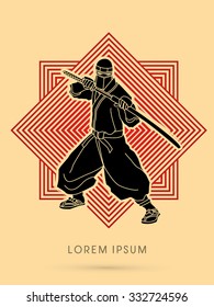 Black Ninja and sword on line square background graphic vector