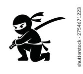 Black ninja warrior kneeling with sword in hand ready to attack