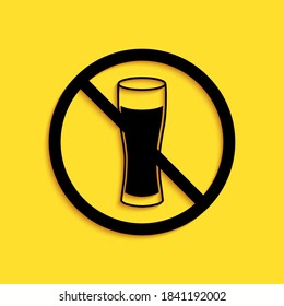 Black No alcohol icon isolated on yellow background. Prohibiting alcohol beverages. Forbidden symbol with beer bottle glass. Long shadow style. Vector.