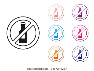 Black No alcohol icon isolated on white background. Prohibiting alcohol beverages. Forbidden symbol with beer bottle glass. Set icons colorful. Vector