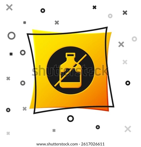 Black No alcohol icon isolated on white background. Prohibiting alcohol beverages. Forbidden symbol with beer bottle glass. Yellow square button. Vector