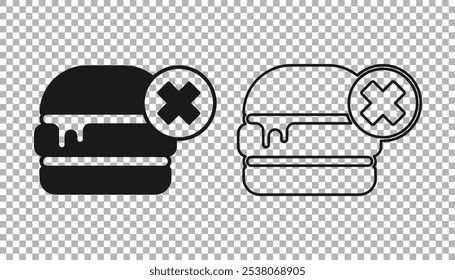 Black No burger icon isolated on transparent background. Hamburger icon. Cheeseburger sandwich sign. Fast food menu.  Vector