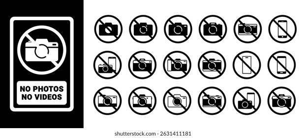 Black no camera icons and no photo video signs in minimal style, flat design isolated on white background for forbidden photography symbol