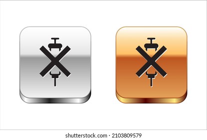 Black No doping syringe icon isolated on white background. Silver-gold square button. Vector