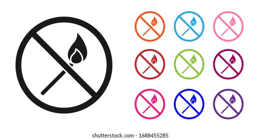Black No fire match icon isolated on white background. No open flame. Burning match crossed in circle. Set icons colorful. Vector Illustration