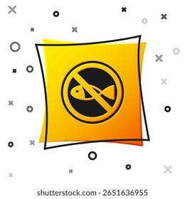 Black No fishing icon isolated on white background. Prohibition sign. Yellow square button. Vector