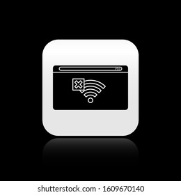 Black No Internet connection icon isolated on black background. No wireless wifi or sign for remote internet access. Silver square button. Vector Illustration
