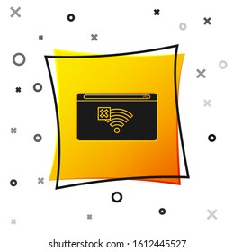 Black No Internet connection icon isolated on white background. No wireless wifi or sign for remote internet access. Yellow square button. Vector Illustration