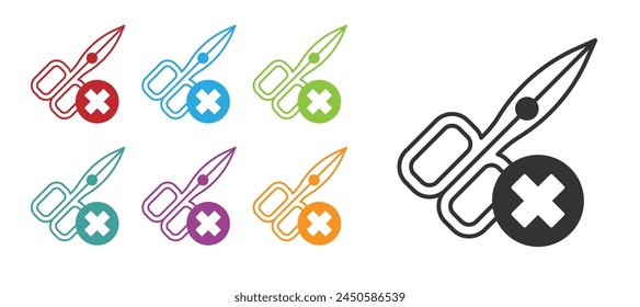 Schwarz Keine Schere Symbol isoliert auf weißem Hintergrund. Farbige Symbole festlegen. Vektorgrafik
