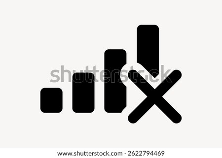 Black no signal icon with bars and an X, indicating no connection. No signal, no connection, and X symbol in black on a white background. User interface icon vector.