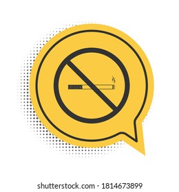 Black No Smoking icon isolated on white background. Cigarette symbol. Yellow speech bubble symbol. Vector.