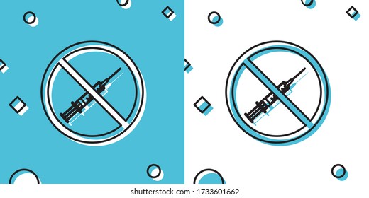 Black No vaccine icon isolated on blue and white background. No syringe sign. Vaccination, injection, vaccine, insulin concept. Random dynamic shapes. Vector Illustration