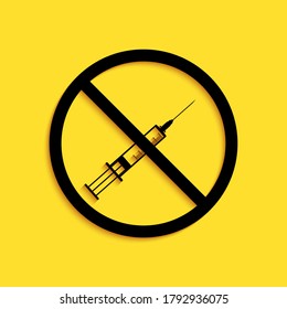 Black No vaccine icon isolated on yellow background. No syringe sign. Vaccination, injection, vaccine, insulin concept. Long shadow style. Vector