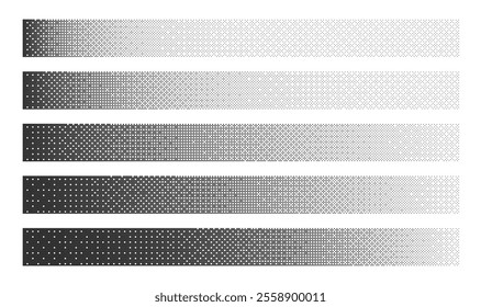 Black Noise Bitmap Dither Linear Gradients with Various Density Isolated on White Background. Retro Style 8 Bit Pixel Art Banners Set Clipart Bundle. Vintage Technology 8Bit Design Element Collection