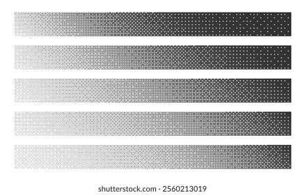 Black Noise Bitmap Dither Linear Tilted Gradients with Various Density Isolated on White. Retro Style 8 Bit Pixel Art Banners Set Clipart Bundle. Vintage Technology 8Bit Design Element Collection