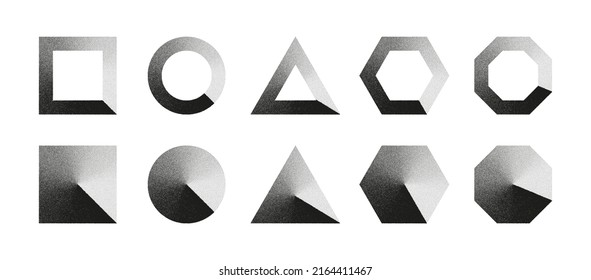 Black Noise Texture Dotted Various Figures Square Circle Triangle Hexagon Octagon Design Elements Vector Set On White  Different Variations Handdrawn Dotwork Shapes With Dust Grainy Texture Collection