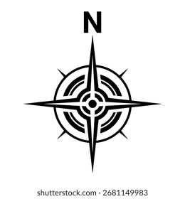 Símbolo de dirección norte negro . Signo de brújula plana para mapa	
