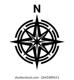 Black north direction symbol for map. Flat compass sign