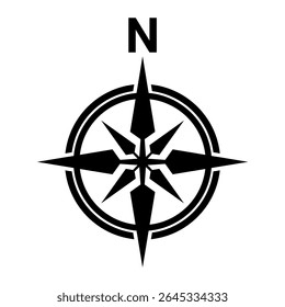 Black north direction symbol for map. Flat compass sign	