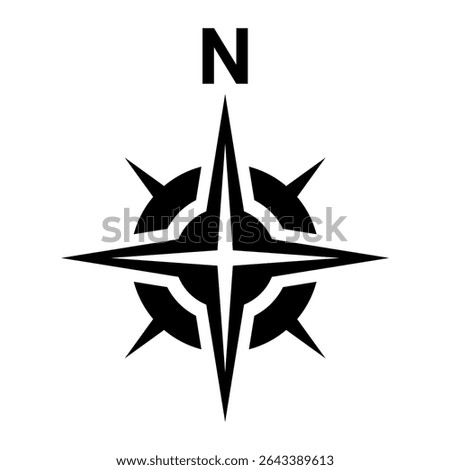 Black north direction symbol for map. Flat compass sign