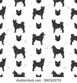 Black norwegian elkhound seamless pattern. Different coat colors and poses set.  Vector illustration