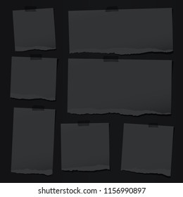 Black note, notebook paper pieces with torn edges stuck with sticky tape on black backgroud. Vector illustration.