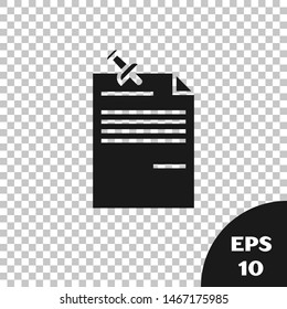 Black Note paper with pinned pushbutton icon isolated on transparent background. Memo paper sign.  Vector Illustration