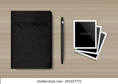 Black notebook and blank photo frame on wood background. Vector illustration.
