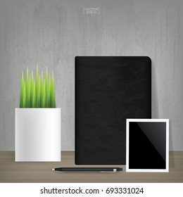 Black notebook and blank photo frame with decoration plants in vintage room space background. Vector illustration.