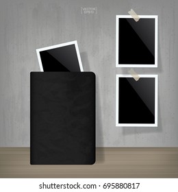 Black notebook and blank photo frame in vintage room space background. Vector illustration.