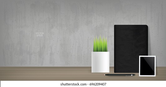 Black notebook and blank photo frame with decoration plants in vintage room space background. Vector illustration.