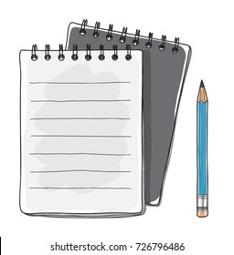 black notebook and blue pencil hand drawn vector art illustration