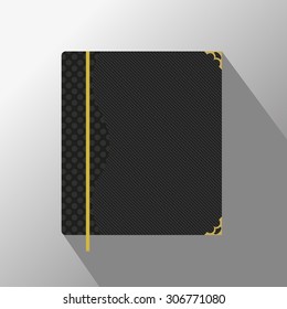 Black notebook with bookmark and shadow. Vector illustration