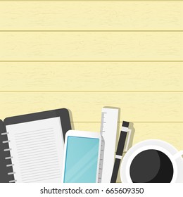 Black notebook, coffee, pen, ruler and smartphone on the wooden desk. Work time concept