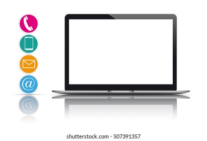 Black notebook with colored contact icons and shadows on the white background. 