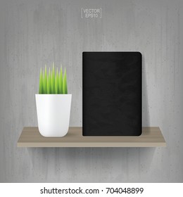 Black notebook and decoration plants on wooden shelf with vintage concrete wall background. Vector illustration.