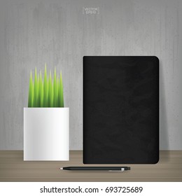 Black notebook and decoration plants in vintage room space background. Vector illustration.