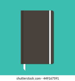 Black notebook with elastic band vector flat design illustration.