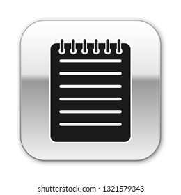 Black Notebook icon isolated on white background. Spiral notepad icon. Writing pad. Diary for business. Notebook cover design. Office stationery items. Silver square button. Vector Illustration