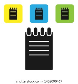 Black Notebook icon isolated on white background. Spiral notepad icon. School notebook. Writing pad. Diary for business. Notebook cover design. Set icons colorful square buttons. Vector Illustration