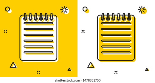 Black Notebook icon isolated on yellow and white background. Spiral notepad icon. Writing pad. Diary for business. Notebook cover design. Random dynamic shapes. Vector Illustration