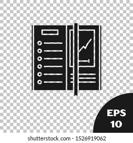 Black Notebook icon isolated on transparent background. Spiral notepad icon. Writing pad. Diary for business. Notebook cover design.  Vector Illustration