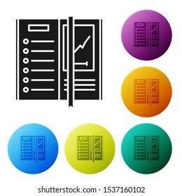 Black Notebook icon isolated on white background. Spiral notepad icon. Writing pad. Diary for business. Notebook cover design. Set icons colorful circle buttons. Vector Illustration