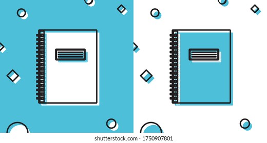 Icono de bloc de notas negro aislado en fondo azul y blanco. Icono de bloc de notas en espiral. Cuaderno escolar. Almohadilla de escritura. Diario de negocios. Diseño de portada para portátiles. Artículos de papelería de oficina. Ilustración vectorial